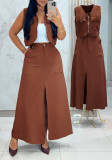 Women's Fashion Solid Color Sleeveless Zipper Metal Ring Vest & High Waist Slit Long Skirt Set
