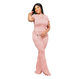 Women's Solid Color Short Sleeve Two-Piece Pants Set
