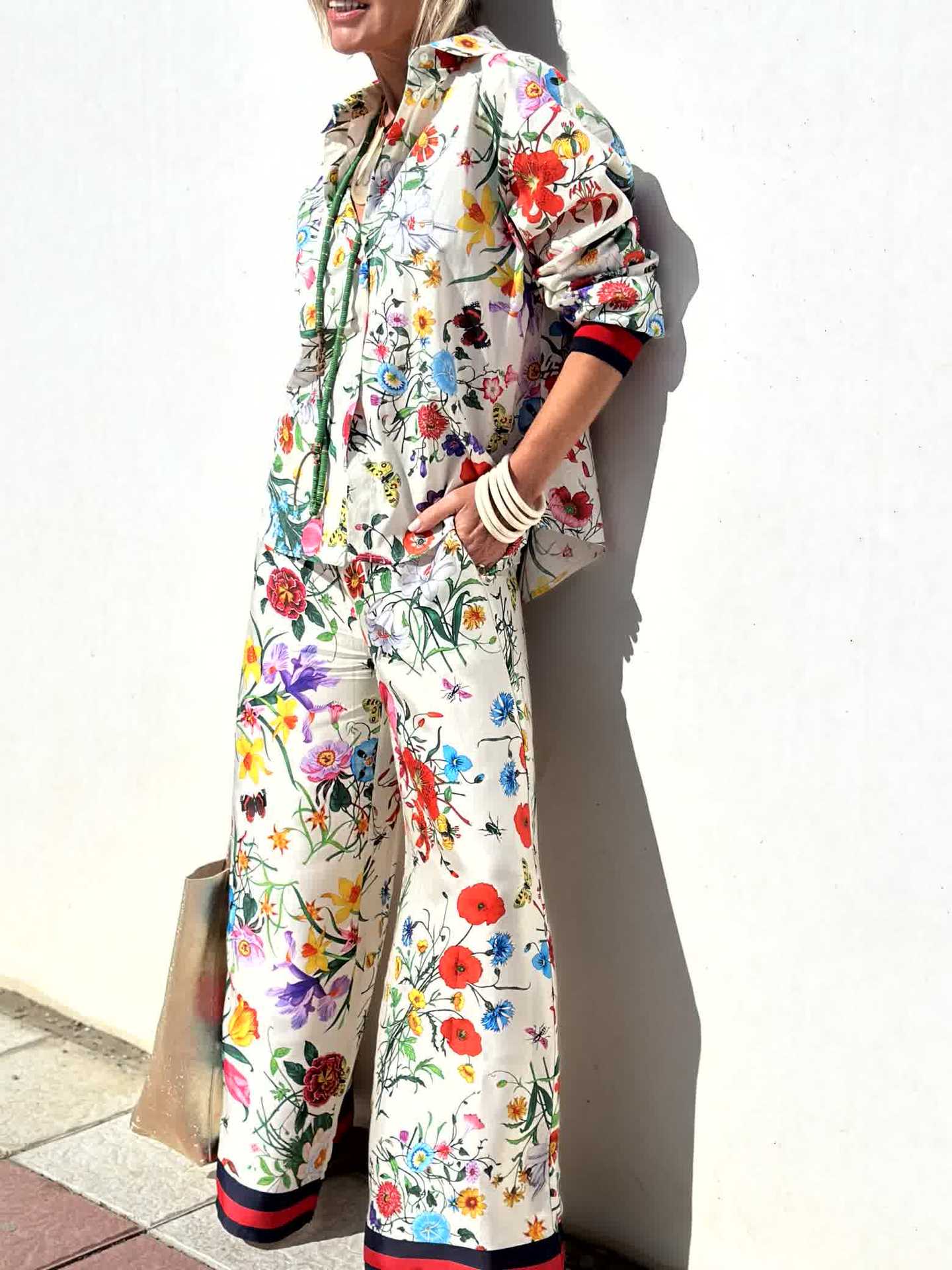 Spring/Summer Women's Printed Casual Shirt & Pants Two-Piece Set