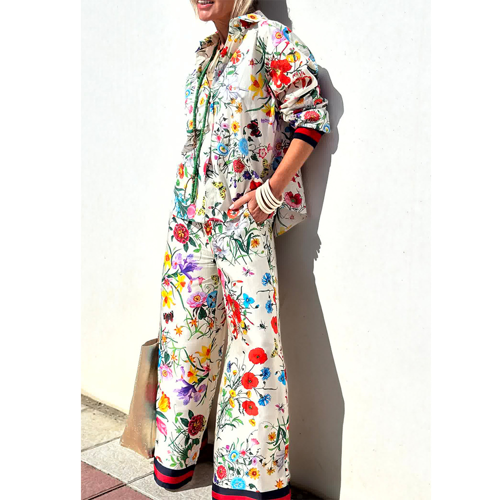 Spring/Summer Women's Printed Casual Shirt & Pants Two-Piece Set