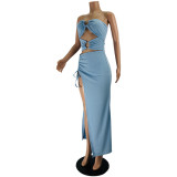 Spring/Summer Strapless Buckle Hollow Split Sexy Long Dress