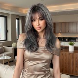 Gray Natural Curly Wig with Dyed Bangs - Synthetic Fiber (Full Head)