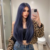 26  Dark Blue High-Layered Straight Wig - Middle Part, Long Bangs [Festival/Cos] (Full Head)