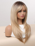 Gold Bangs Gradient Long Straight Wig - Matte Silk, Net (Full Head)