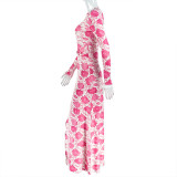 Women's Floral Print Slim Waist Side Split Long Sleeve Long Dress