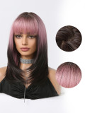 Black to Pink Gradient Bangs Long Straight Wig - Natural Look (Synthetic Fiber)