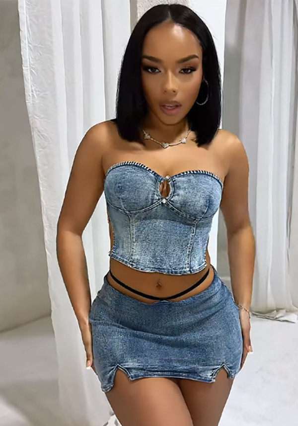 Women summer sexy chest-wrapped top slit denim skirt two-piece set