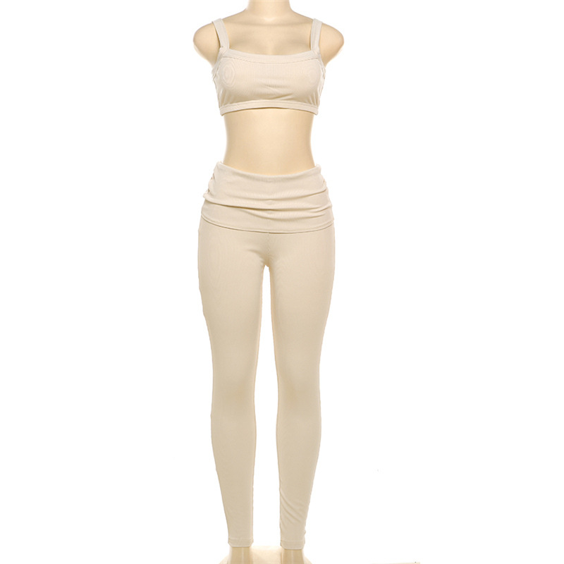 Women Fall and Winter Solid Sexy Crop Suspender Top and Pants Casual Two-piece Set