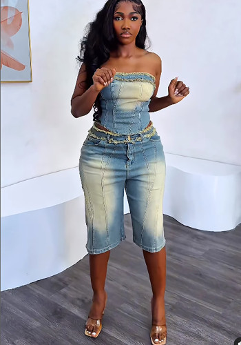 Women washed chest-wrapped top raw edge sretchy pants two piece set