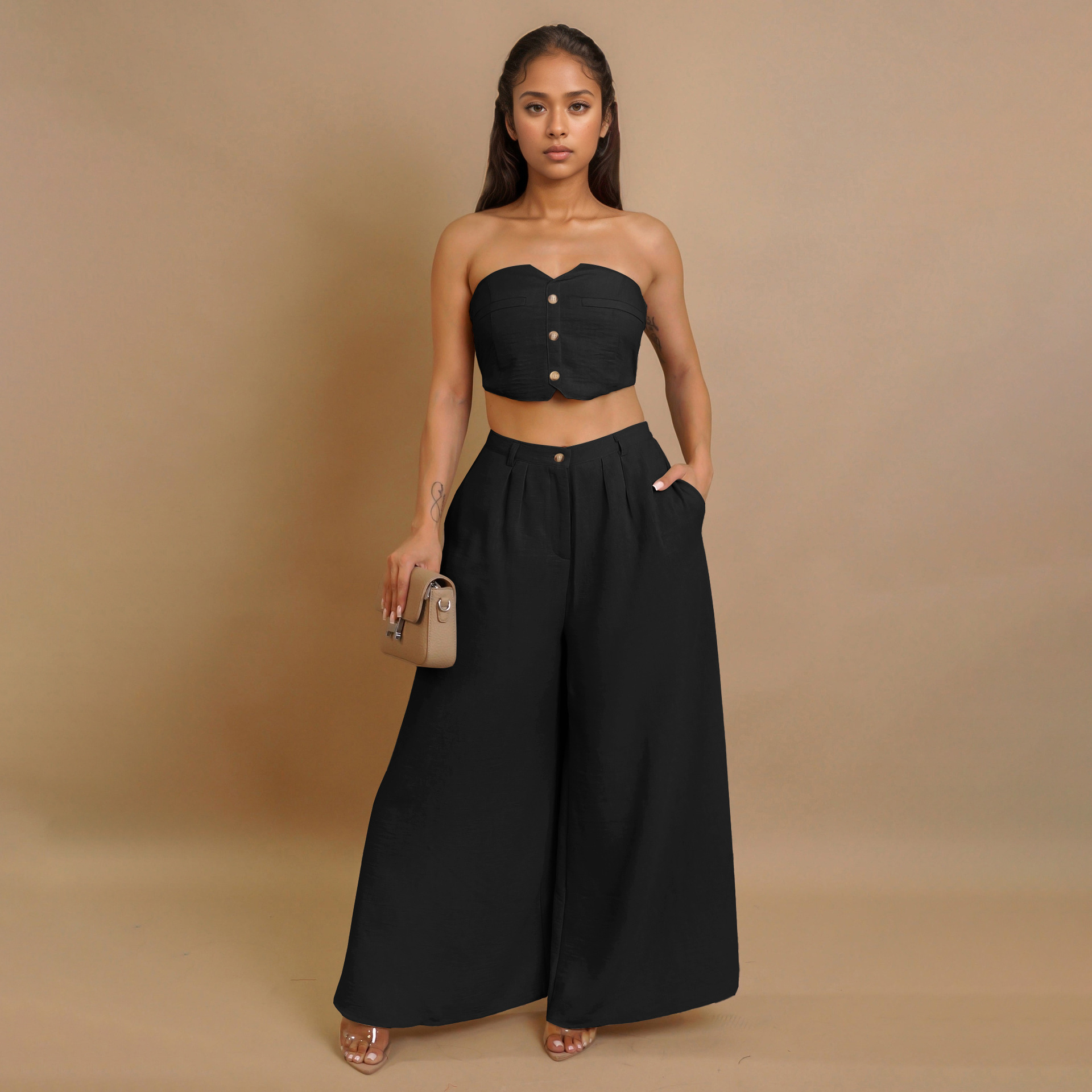 Women sexy sretchy strapless vest and wide-leg pants two-piece set