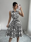 Women Lace-Up Print Sleeveless Dress