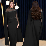 Women's Beaded Chiffon Mesh Cape Sleeve Evening Gown