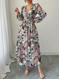 Spring/Summer Women's Chic Elegant Print V-Neck Slim Waist Dress