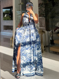Women printed sexy slit flowing bohemian dress with belt