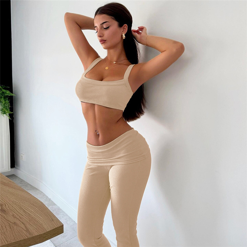 Women Fall and Winter Solid Sexy Crop Suspender Top and Pants Casual Two-piece Set
