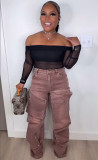 Women summer street button sretchy denim pants