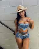 Women Sexy Stretch Heart Washed Denim Top and Shorts Two-Piece Set