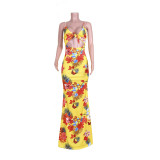 Printed Lace-Up Hollow Strap Long Dress