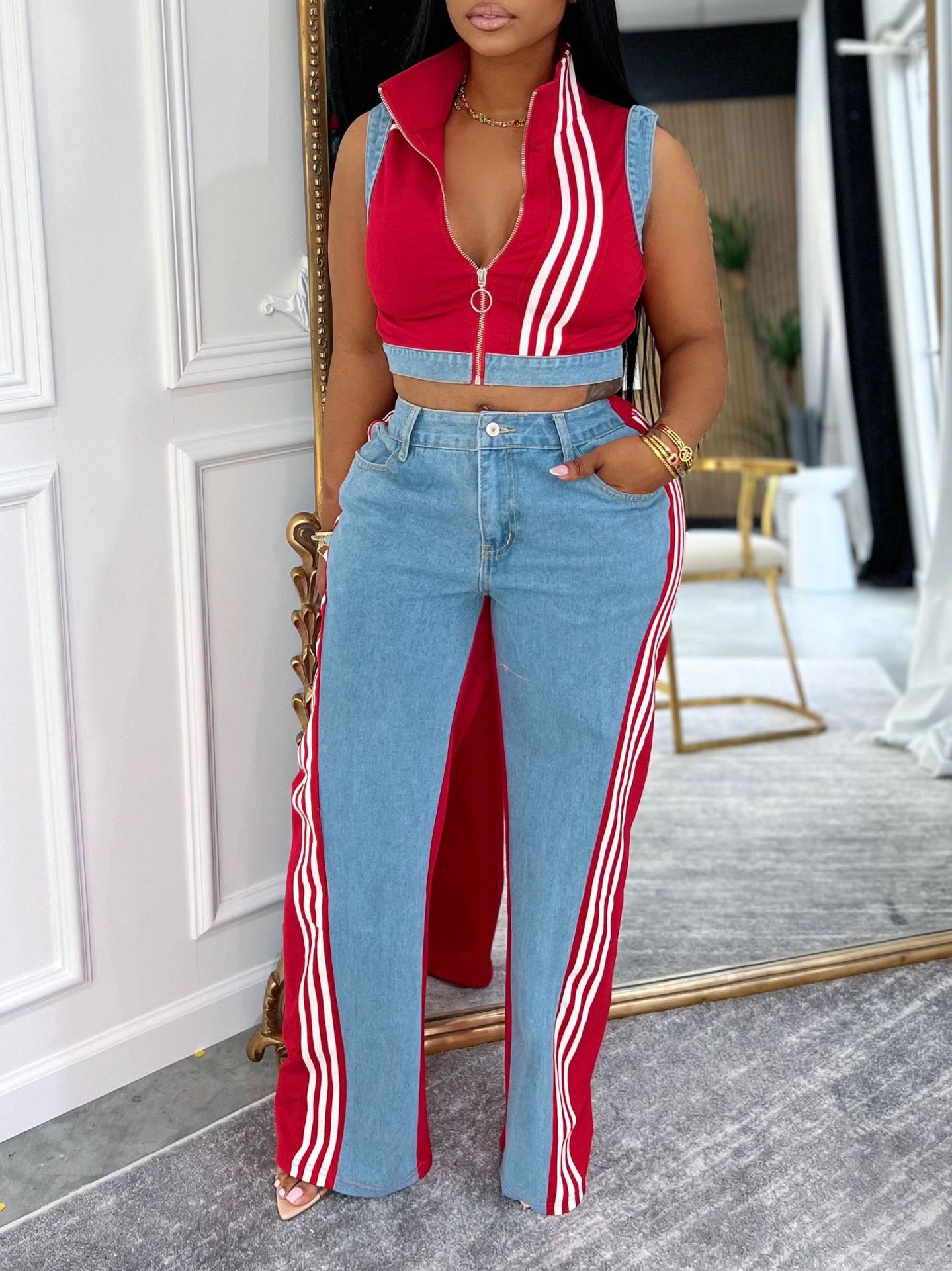 Women Sleeveless Patchwork Ribbed Striped Top and Denim Wide Leg Pants Two-Piece Set