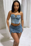 Women summer sexy chest-wrapped top slit denim skirt two-piece set