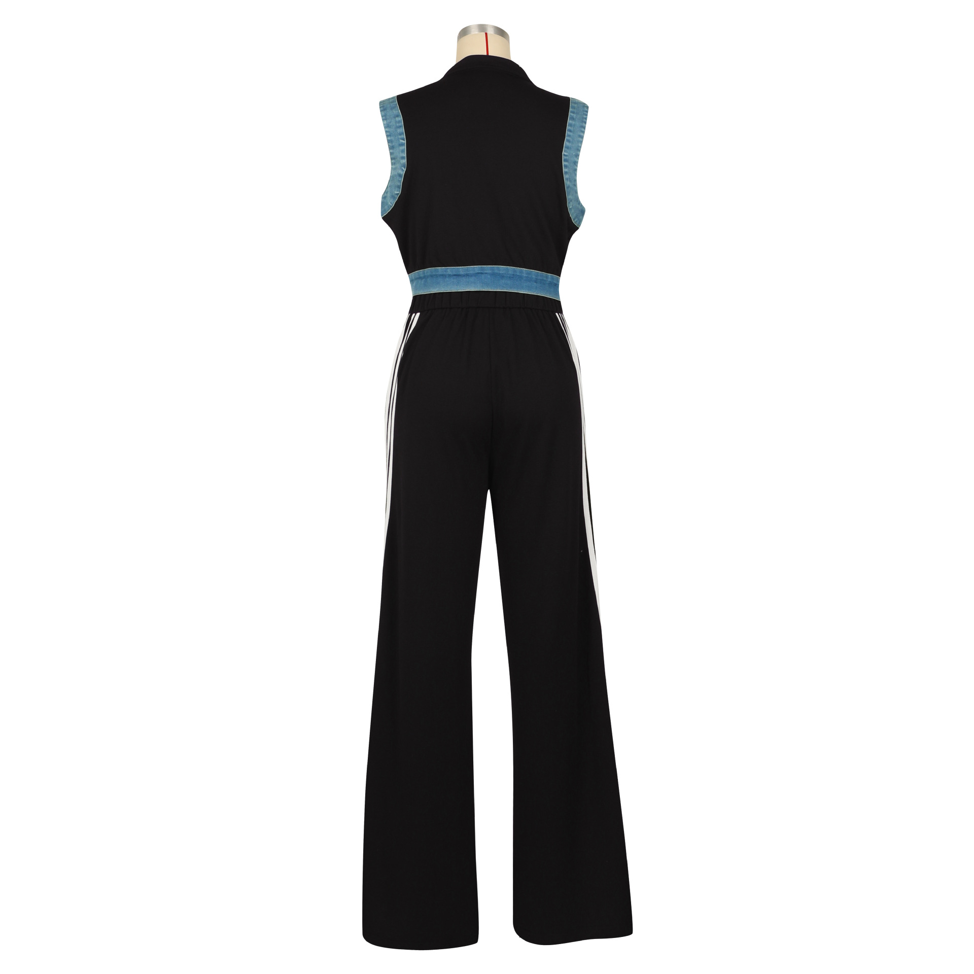 Women Sleeveless Patchwork Ribbed Striped Top and Denim Wide Leg Pants Two-Piece Set