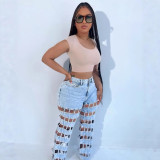 Women trendy hollow ripped checkered denim pants