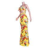 Printed Lace-Up Hollow Strap Long Dress
