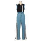 Women Sleeveless Patchwork Ribbed Striped Top and Denim Wide Leg Pants Two-Piece Set