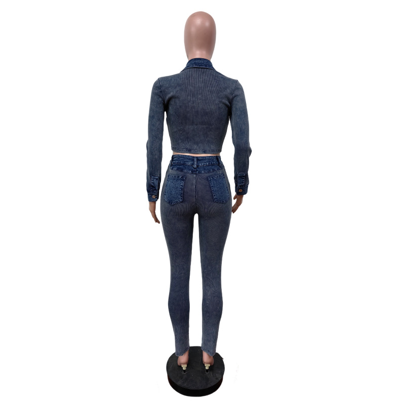 Women Denim Patchwork Ribbed Sretchy Long Sleeve Top and Pant Two-Piece Set