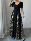 Plus Size Women Summer Short Sleeve U-neck Leopard Patchwork Elegant Dress