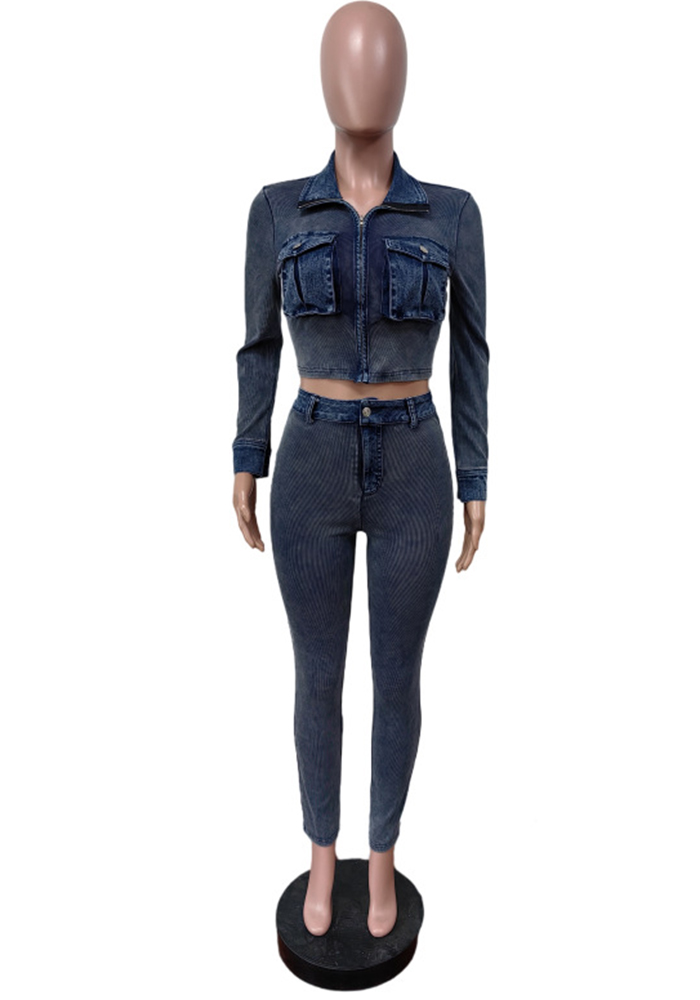 Women Denim Patchwork Ribbed Sretchy Long Sleeve Top and Pant Two-Piece Set