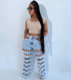 Women trendy hollow ripped checkered denim pants