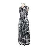 Women printed sexy slit flowing bohemian dress with belt