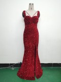 Luxury strap sequined long evening gown