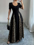 Plus Size Women Summer Short Sleeve U-neck Leopard Patchwork Elegant Dress