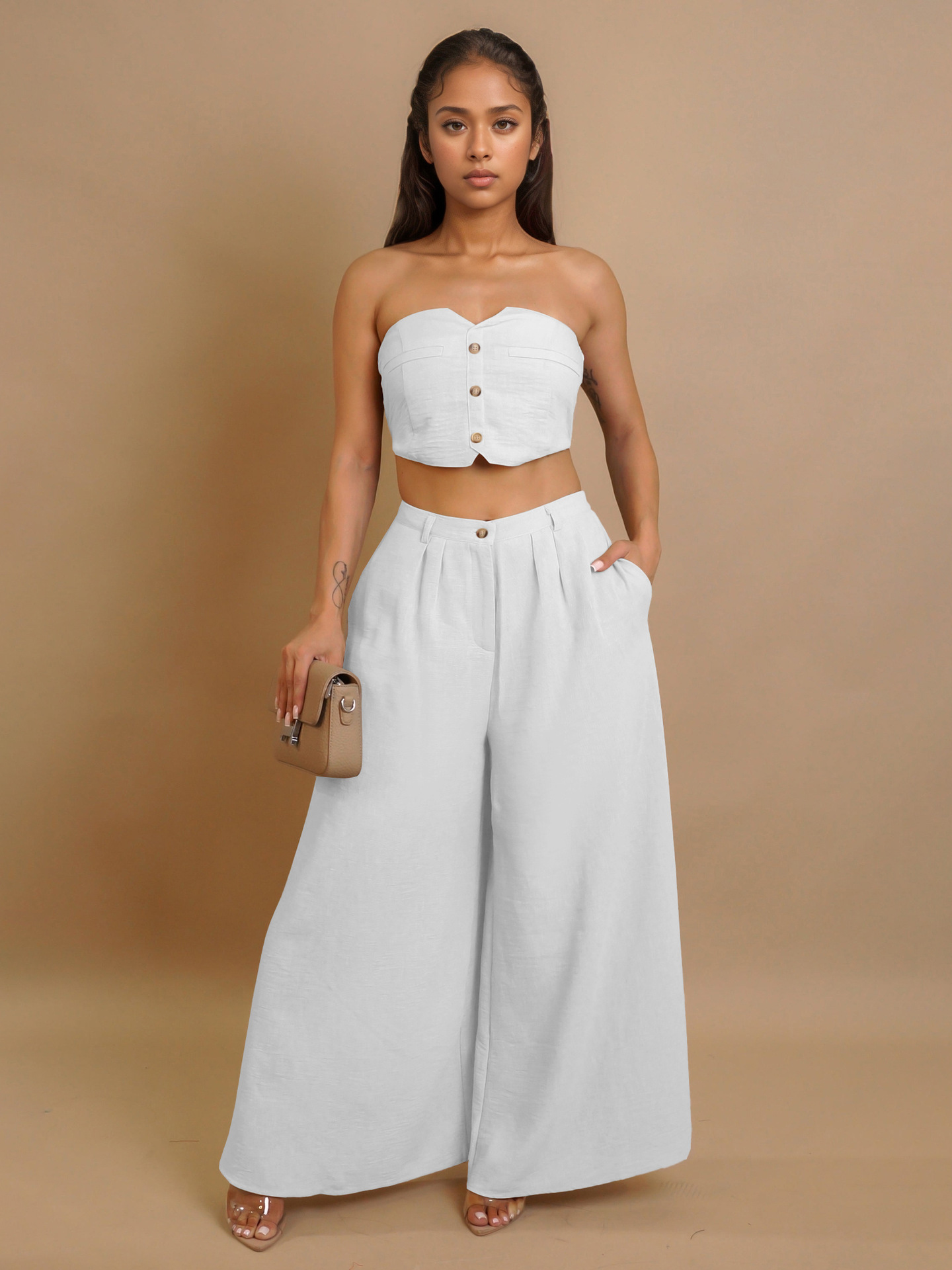 Women sexy sretchy strapless vest and wide-leg pants two-piece set
