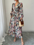 Spring/Summer Women's Chic Elegant Print V-Neck Slim Waist Dress