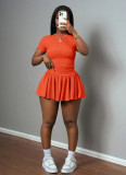 Women summer elegant Round Neck Short Sleeve Top and Skirt Two-piece Set