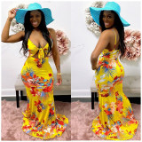 Printed Lace-Up Hollow Strap Long Dress