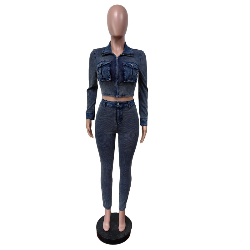 Women Denim Patchwork Ribbed Sretchy Long Sleeve Top and Pant Two-Piece Set