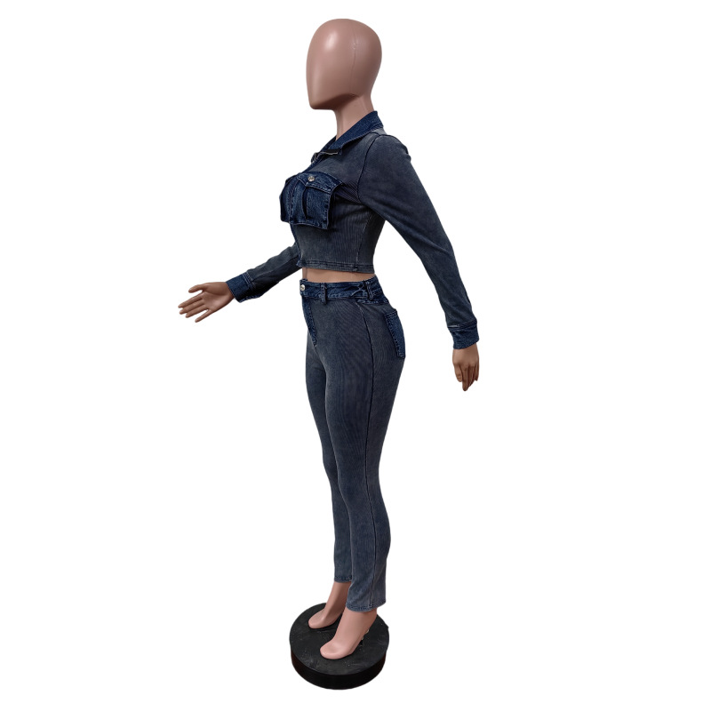 Women Denim Patchwork Ribbed Sretchy Long Sleeve Top and Pant Two-Piece Set