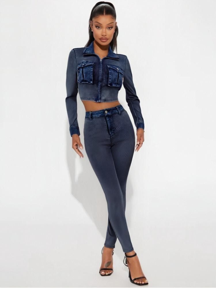 Women Denim Patchwork Ribbed Sretchy Long Sleeve Top and Pant Two-Piece Set