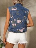 Women Summer Casual Floral Print Denim Vest Jacket