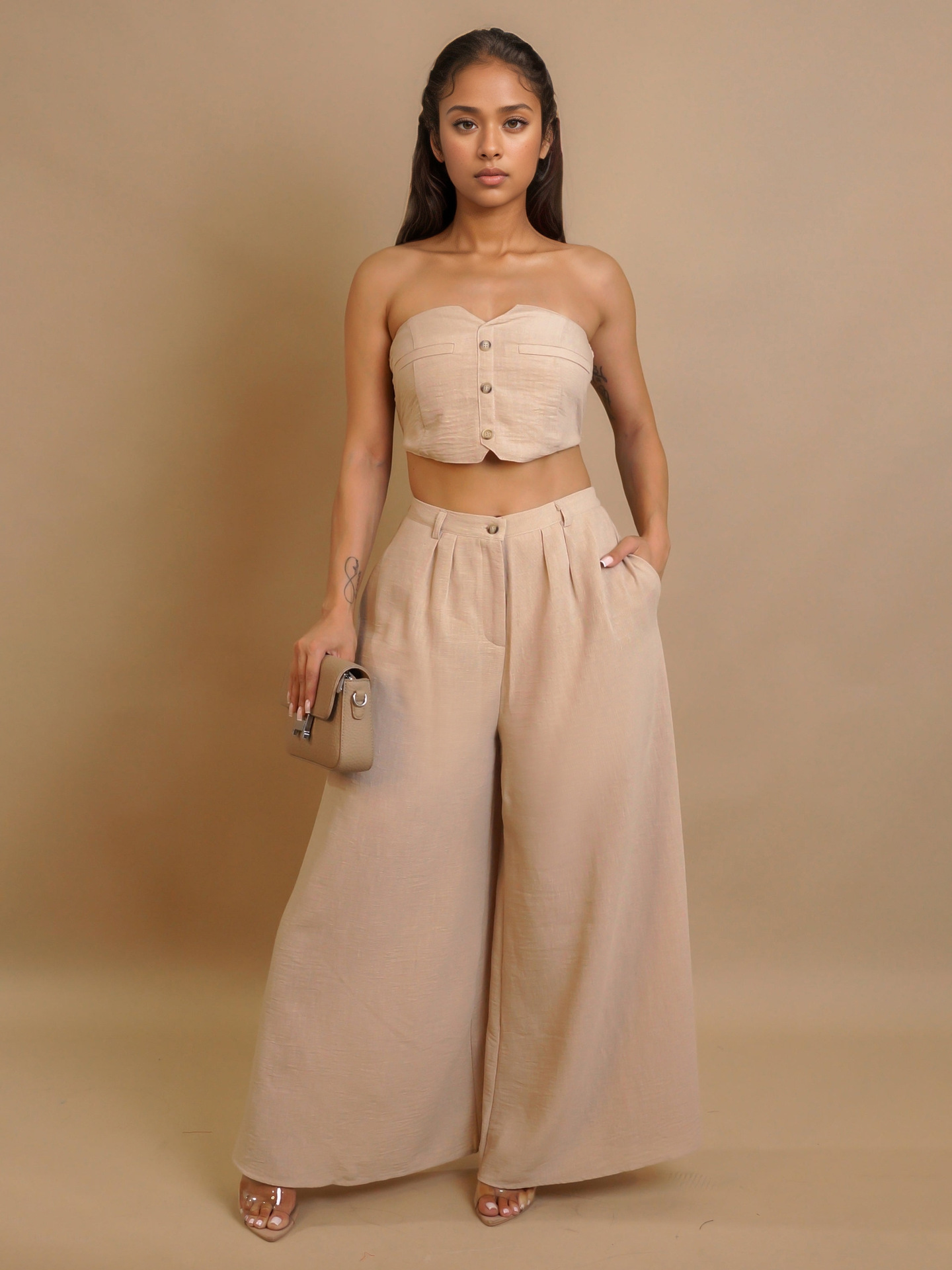 Women sexy sretchy strapless vest and wide-leg pants two-piece set