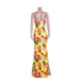 Printed Lace-Up Hollow Strap Long Dress