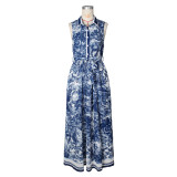 Women printed sexy slit flowing bohemian dress with belt