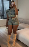 Women summer contrast color sretchy denim top and shorts two-piece set