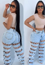 Women trendy hollow ripped checkered denim pants Women trendy hollow ripped checkered denim pants