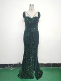 Luxury strap sequined long evening gown