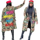 Women's Long Casual Fashion Camouflage Printed Patched Jacket